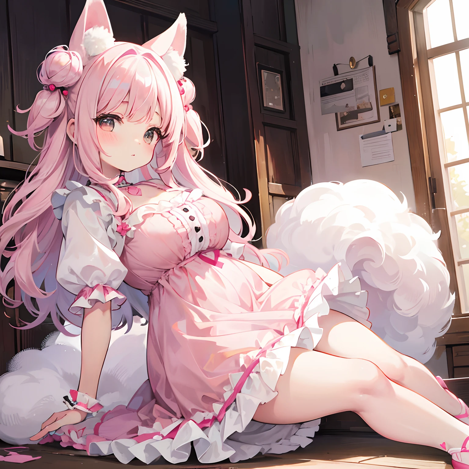 Pudgy teenage girl, chubby, pudgy girl, chubby girl, pink and white hair, brown eyes, frilly dress, cute dress, sexy dress, big breasts, cute girl, fluffy hair, cute hair, full body, puppy ears, puppy tail, puppy girl