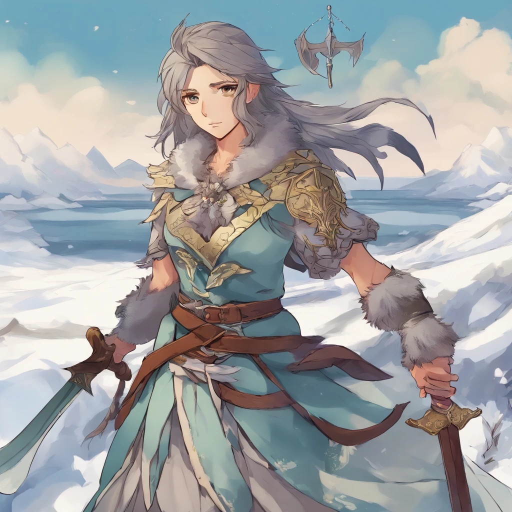 estilo anime, triton, cabelos cinza, mecha preta no cabelo, segurando espada, stretching out the open hand, Arctic, frigid landscape, imagem fria, mar, pele levemente azulada, guelras