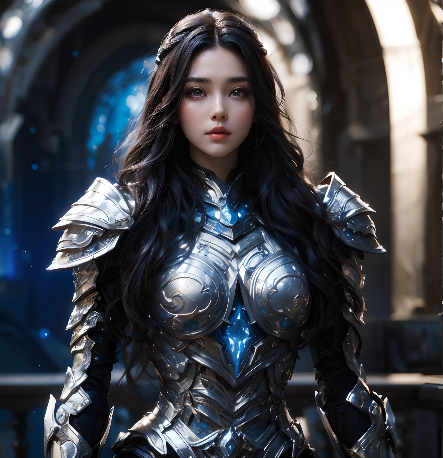 A woman in armor standing in a dark room - SeaArt AI