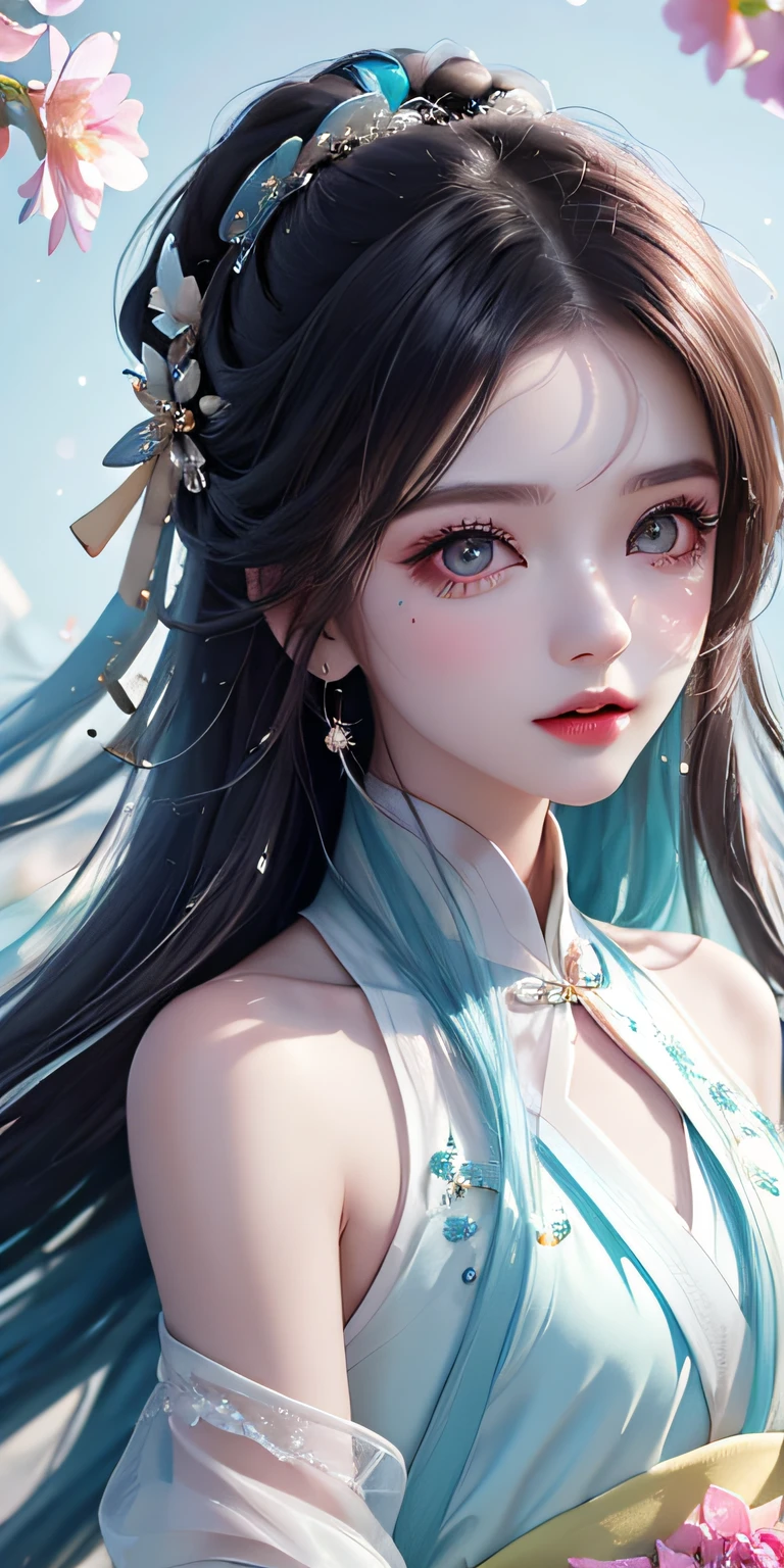 （Pink fashion T-Camisa，：1.9），（Colorful hair：1.8），（Rainbow all colors：1.8），（（（（Vertical painting：1.6)）），（painterly：1.6），front side，comic,illustration,painterly,with big eyes,Crystal clear,（Iridescent gradient high ponytail：1.7）,elaborate makeup,closed Mouth,(Small fresh:1.5),long lashes,White shoulder T- Camisa，, White Shoulder Shirt，looking at the viewers，watery big eyes，(rainbow color Hair：1.6), Color Splash, （solo：1.8）, Color Splash, Color explosion, Color Splash, Color explosion, Thick lacquer style，Messy lines，((Shiny,)) ，(colorful，，，), Thick Paint Style, (Splash) (Color Splash), Vertical Painting, upper  body, Paint Splash, Acrylic Pigment, Gradient, Paint, Highest Image Quality, the highest picture quality, Masterpiece, Solo, depth offield, Face Paint, colorful clothes, (elegence: 1.2), Ornate, long haired, aeolian, (elegence: 1.3), (petaled: 1.4)，(((master masterpiece))),(((the best quality t))),((ultra Detailed)),(illustartion),(Dynamic Angle),((floating)),(painti),((Loose hair)),(solo),(1girl) , (( (Detailed anima face))),((Beautiful detailed face)),collars,Shoulders exposed,White Hair,((colourfel hair)),((streaked hair)),Beautiful detailed eyes,(Gradient eyes),(( （color eyes））），（（（colorfully background））），（（（high satur））），（（（Surrounded by colorful splashes））），（Hanfu）