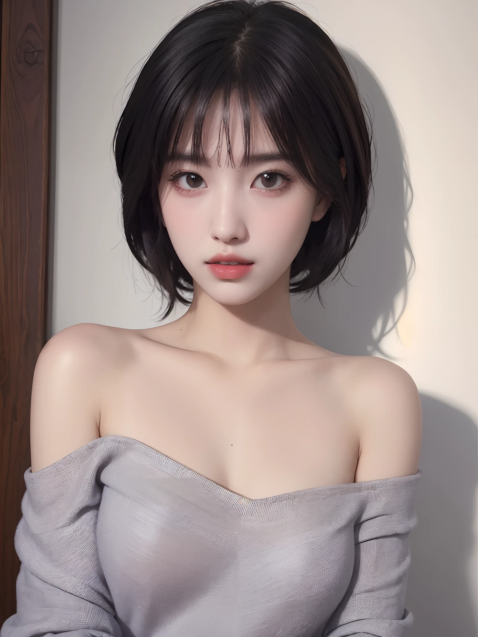 Best quality, masterpiece, ultra high res, (photorealistic:1.5), raw photo, 1girl, offshoulder, in the dark, deep shadow, low key, cold light, sexy look, short hair