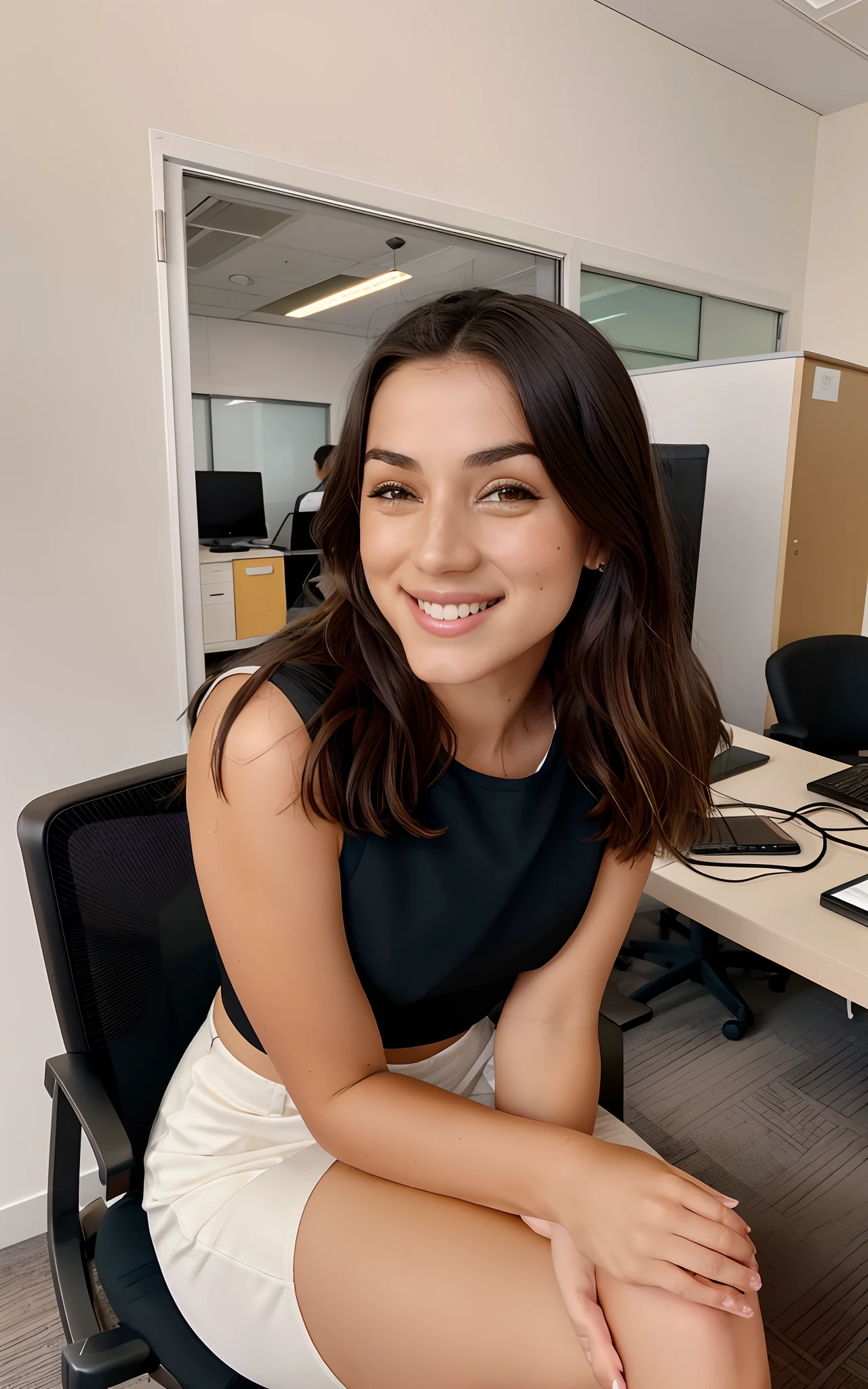 smiling woman sitting on a chair in an office with a computer, portrait sophie mudd, julia fuentes, kailee mandel, sitting at desk, julia sarda, sitting on a desk with her legs spread, completely naked, full, frontal nudity, shaved vulva, legs spread, small breasts,charli bowater, violet myers, sitting at a desk, olivia de bernardinis, in the office, 30-year-old french woman, photo of young woman