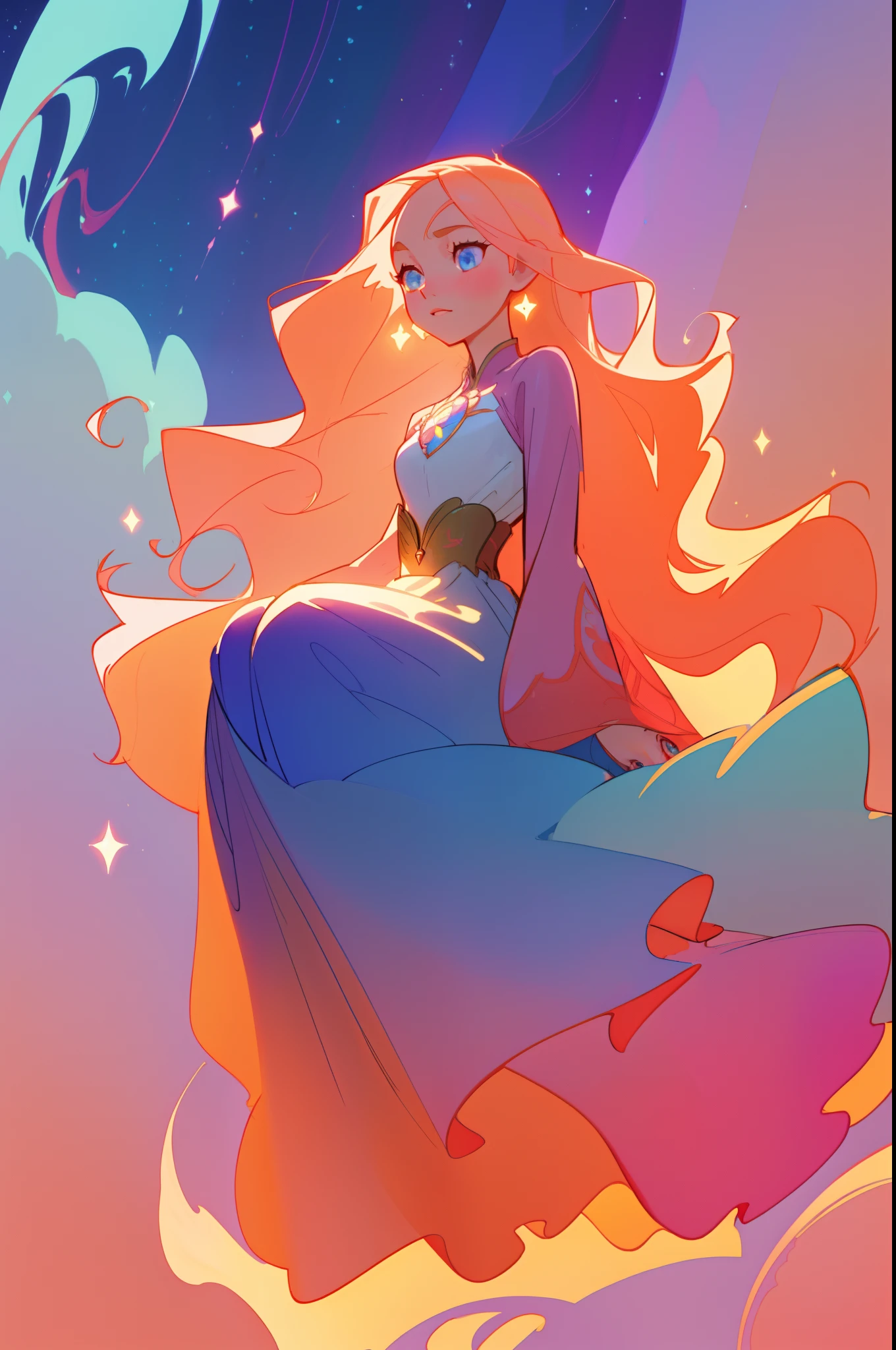 beautiful anime girl in an intricately designed layered ballgown, flowing long sleeves, beautiful round face features, delicate face, young beautiful girl, flowing gown, inspired by Glen Keane, inspired by Lois van Baarle, disney art style, by Lois van Baarle, glowing aura around her, by Glen Keane, jen bartel, glowing lights! digital painting, flowing glowing hair, glowing flowing hair, beautiful digital illustration, fantasia background, whimsical, magical, fantasy, beautiful face, ((masterpiece, best quality)), intricate details, highly detailed, sharp focus, 8k resolution, sparkling detailed eyes, liquid watercolor