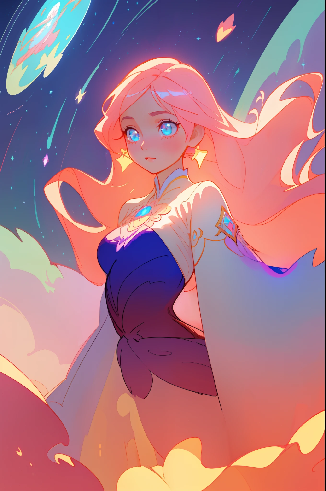 beautiful anime girl in an intricately designed layered ballgown, flowing long sleeves, beautiful round face features, delicate face, young beautiful girl, flowing gown, inspired by Glen Keane, inspired by Lois van Baarle, disney art style, by Lois van Baarle, glowing aura around her, by Glen Keane, jen bartel, glowing lights! digital painting, flowing glowing hair, glowing flowing hair, beautiful digital illustration, fantasia background, whimsical, magical, fantasy, beautiful face, ((masterpiece, best quality)), intricate details, highly detailed, sharp focus, 8k resolution, sparkling detailed eyes, liquid watercolor