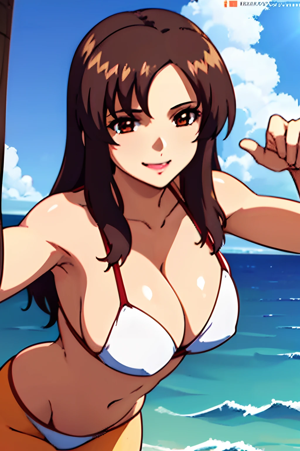 1womanl, A MILF, dark brown hair, kindly smile, large full breasts, cleavage, White Bikini, upper body, (Composition from the front:1.5), sunshine, Beach