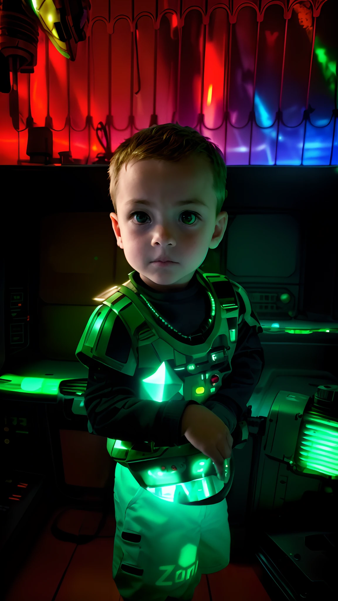 1boy, , wearing scratched and dented space marine gear, little aged, short copper hair and beard, green eyes, inside spaceship cockpit, electronic circuits hanging loose in background, flashing control panel in foreground, science fiction, action, dark, tools on floor in background, dark red lighting, high contrast, shiny skin, backlighting, bloom, light sparkles, chromatic aberration, sharp focus