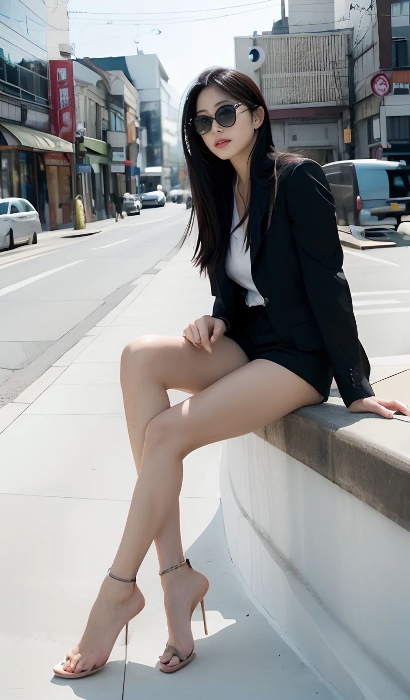 A Japanese Lady、beauitful face、二重まぶた、Black sunglasses、Long Black Hair、black suits、Micro shorts、Raw feet、tall、model poses