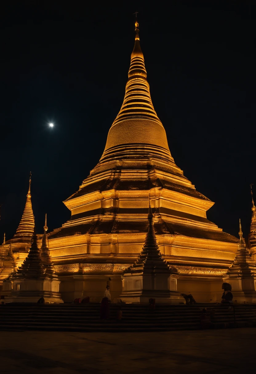 A night scene of (( Shwe Dagon Pagoda of MYANMAR)) , full moon, stary night, beautiful lights, Masterpiece, Photorealism,