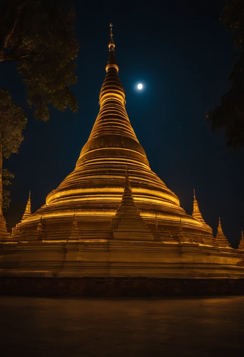A night scene of (( Shwe Dagon Pagoda of MYANMAR)) , full moon,  stary night, beautiful lights, Masterpiece, Photorealism,