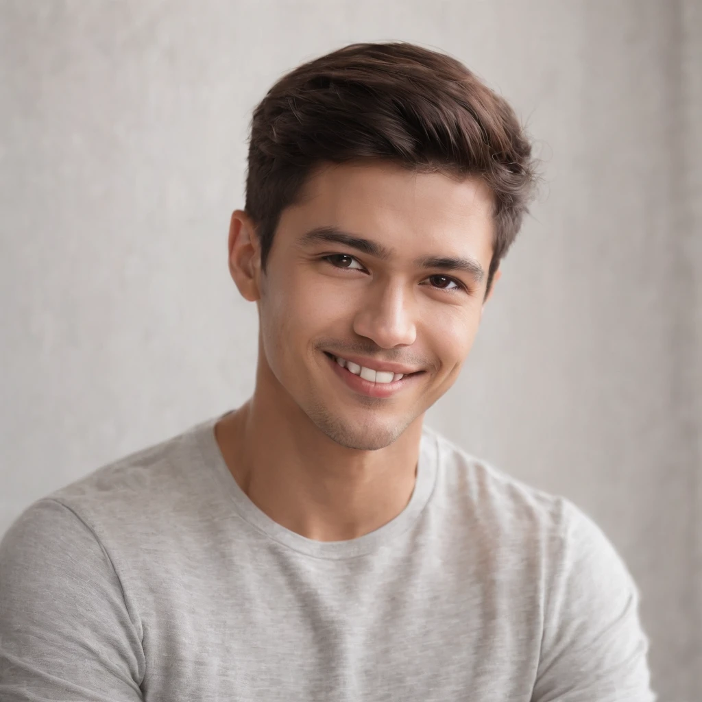 (photo: 1.3) af (realism: 1.3), (Hispanic), Latino man profile, (frontal close-up), soft light, clear face, happy, cheerful, warm light, white T-shirt, (off-white background), (blank background), ((gray wall background)) avatar, (short hair), smile, handsome, young,, short hair, smile, (close-up)