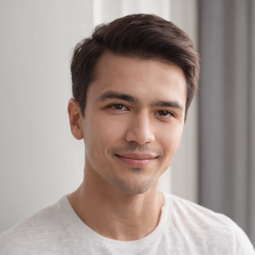 (photo: 1.3) af (realism: 1.3), (Hispanic), Latino man profile, (frontal close-up), soft light, clear face, happy, cheerful, warm light, white T-shirt, (off-white background), (blank background), ((gray wall background)) avatar, (short hair), smile, handsome, young,, short hair, smile, (close-up)