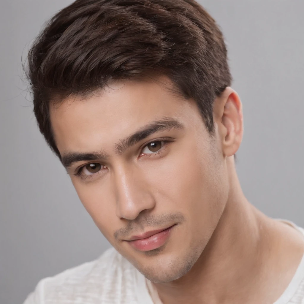 (photo: 1.3) af (realism: 1.3), (Hispanic), Latino man profile, (frontal close-up), soft light, clear face, happy, cheerful, warm light, white T-shirt, (off-white background), (blank background), ((gray wall background)) avatar, (short hair), smile, handsome, young,, short hair, smile, (close-up)