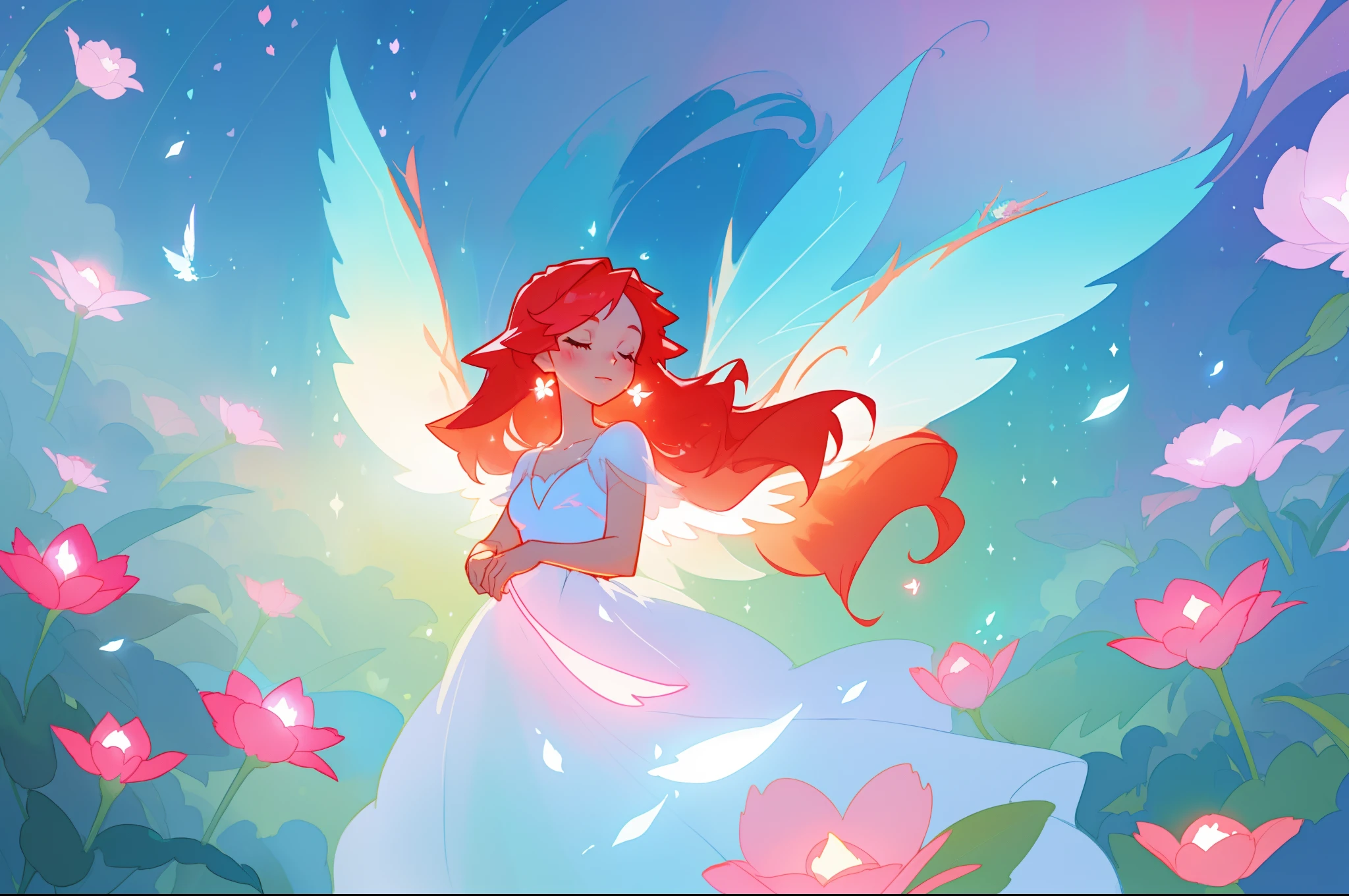 beautiful girl in flowing white dress, (glowing fairy wings), glowing flowing ballgown, glowing red hair, sparkling fairy wings, watercolor illustration, flowers and colorful plants, inspired by Glen Keane, inspired by Lois van Baarle, disney art style, by Lois van Baarle, glowing aura around her, by Glen Keane, jen bartel, glowing lights! digital painting, flowing glowing hair, glowing flowing hair, beautiful digital illustration, fantasia otherworldly landscape plants flowers, beautiful, masterpiece, best quality, anime disney style