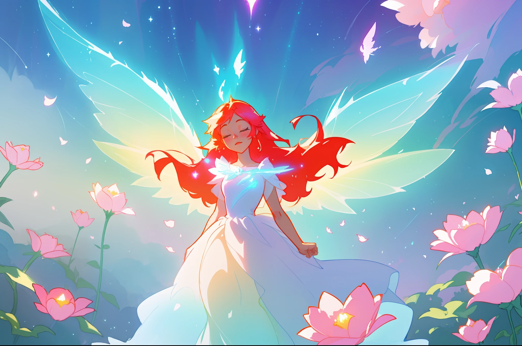 beautiful girl in flowing white dress, (glowing fairy wings), glowing flowing ballgown, glowing red hair, sparkling fairy wings, watercolor illustration, flowers and colorful plants, inspired by Glen Keane, inspired by Lois van Baarle, disney art style, by Lois van Baarle, glowing aura around her, by Glen Keane, jen bartel, glowing lights! digital painting, flowing glowing hair, glowing flowing hair, beautiful digital illustration, fantasia otherworldly landscape plants flowers, beautiful, masterpiece, best quality, anime disney style