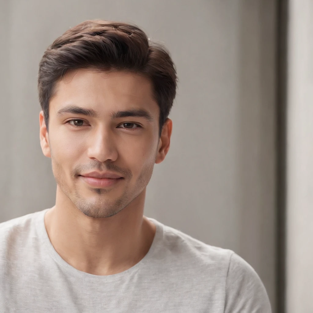 (photo: 1.3) af (realism: 1.3), (Hispanic), Latino man profile, (frontal close-up), soft light, clear face, happy, cheerful, warm light, white T-shirt, (off-white background), (blank background), ((gray wall background)) avatar, (short hair), smile, handsome, young,, short hair, smile, (close-up)