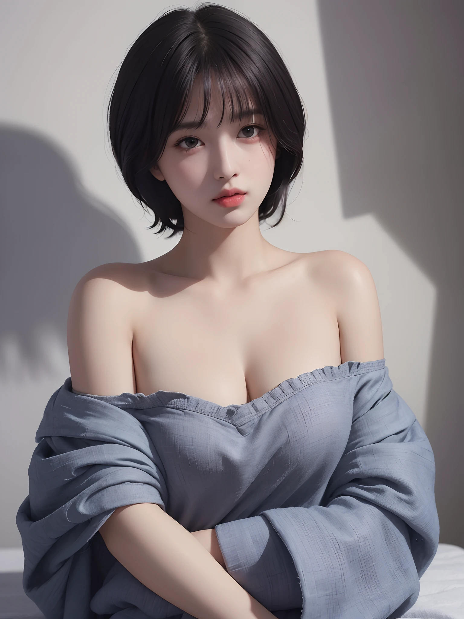 Best quality, masterpiece, ultra high res, (photorealistic:1.5), raw photo, 1girl, offshoulder, in the dark, deep shadow, low key, cold light, sexy look, short hair