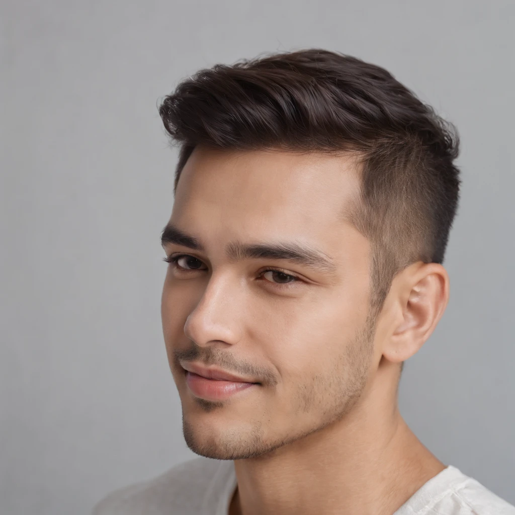 (photo: 1.3) af (realism: 1.3), (Hispanic), Latino man profile, (frontal close-up), soft light, clear face, happy, cheerful, warm light, white T-shirt, (off-white background), (blank background), ((gray wall background)) avatar, (short hair), smile, handsome, young,, short hair, smile, (close-up)