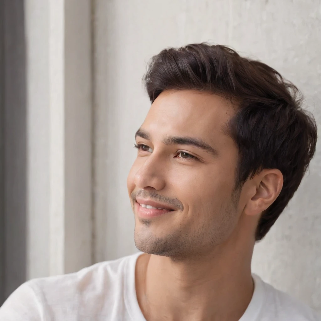 (photo: 1.3) af (realism: 1.3), (Hispanic), Latino man profile, (frontal close-up), soft light, clear face, happy, cheerful, warm light, white T-shirt, (off-white background), (blank background), ((gray wall background)) avatar, (short hair), smile, handsome, young,, short hair, smile, (close-up)