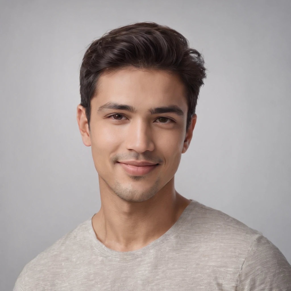 (photo: 1.3) af (realism: 1.3), (Hispanic), Latino man profile, (frontal close-up), soft light, clear face, happy, cheerful, warm light, white T-shirt, (off-white background), (blank background), ((gray wall background)) avatar, (short hair), smile, handsome, young,, short hair, smile, (close-up)