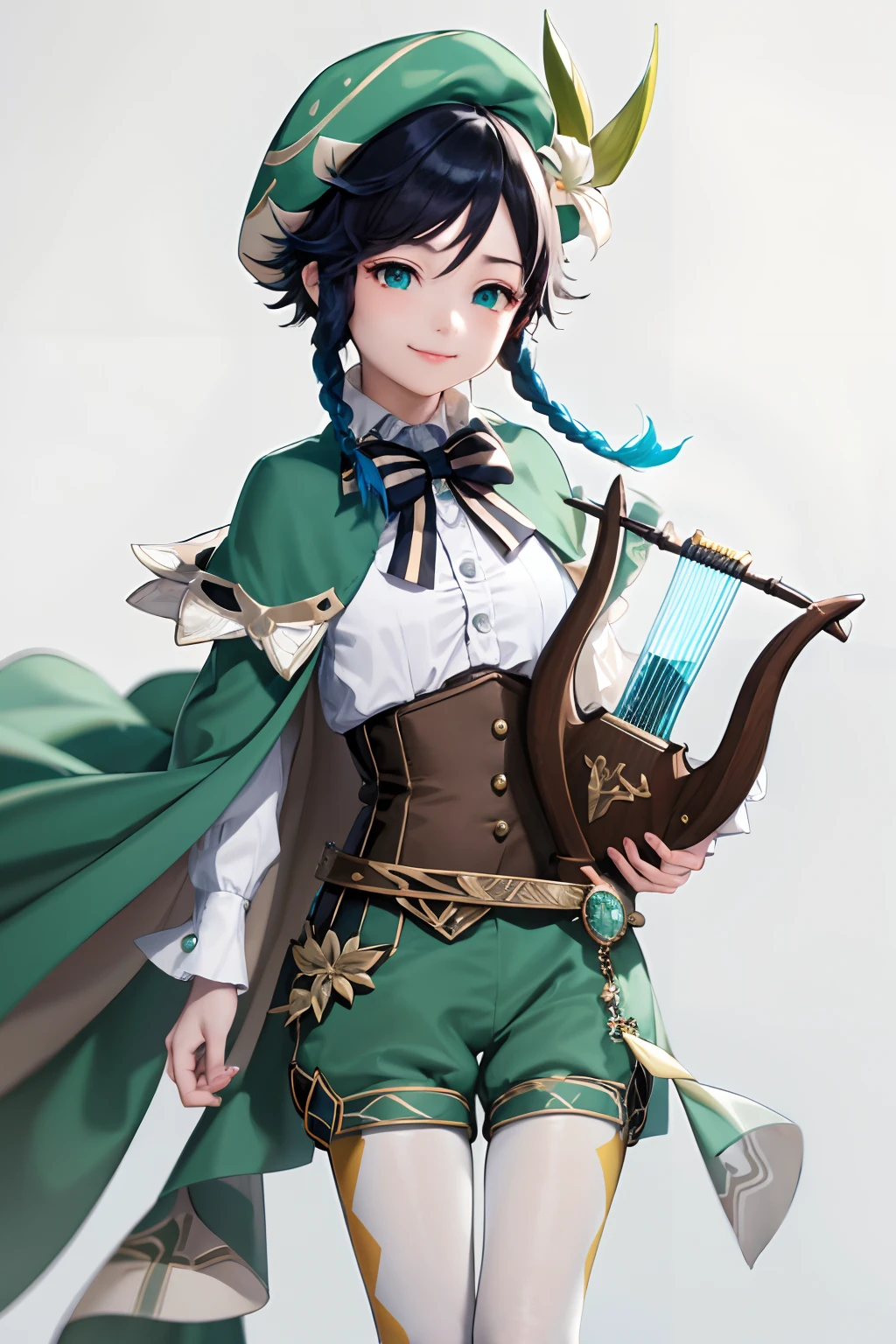 masterpiece, best quality,1girl , female focus, venti (genshin impact), lyre, black hair, hat, smile, braid, long sleeves, twin braids, gradient hair, multicolored hair, instrument, pantyhose, vision (genshin impact), bow, shorts, blue hair, green headwear, beret, white pantyhose, green shorts, collared cape, bangs,shirt, jewelry, looking at viewer, white shirt, brooch, cape, androgynous, frilled sleeves, frills, corset, short hair with long locks,  (grey background:1.4),(kbxll:0.6)