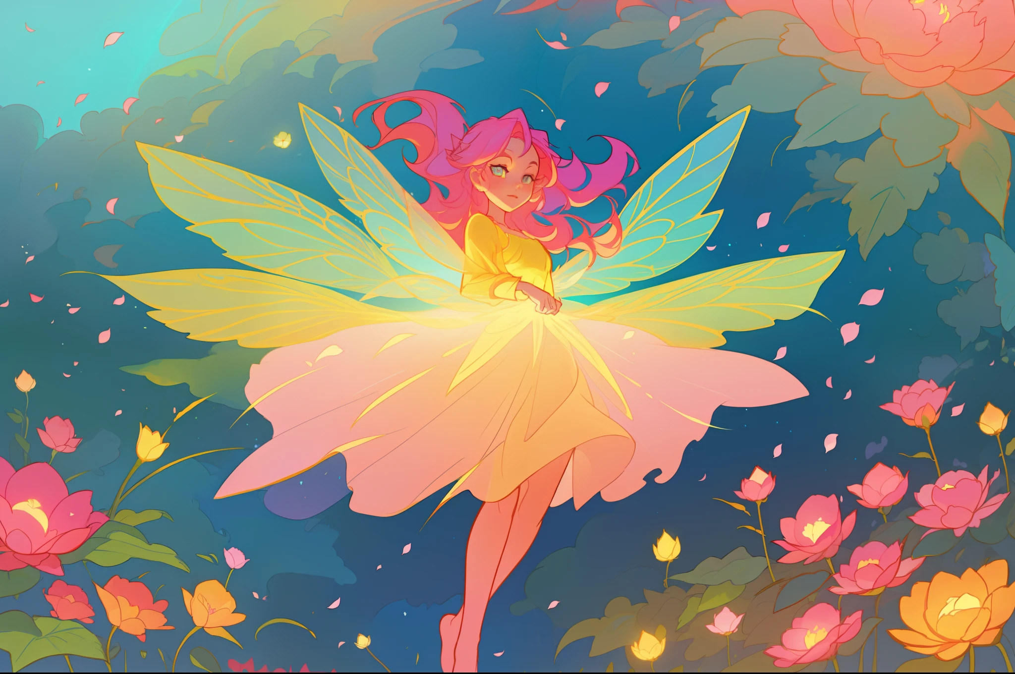beautiful girl in flowing layered puff long sleeve ballgown, flower fairy in a dress made of flower petals, flowers and colorful plants, inspired by Glen Keane, inspired by Lois van Baarle, disney art style, by Lois van Baarle, glowing aura around her, by Glen Keane, jen bartel, glowing lights! digital painting, flowing glowing hair, glowing flowing hair, beautiful digital illustration, fantasia otherworldly landscape plants flowers, beautiful, masterpiece, best quality, anime disney style, (sharp focus), intricate detail, fine detail, perfection, golden ratio, (fairy wings)