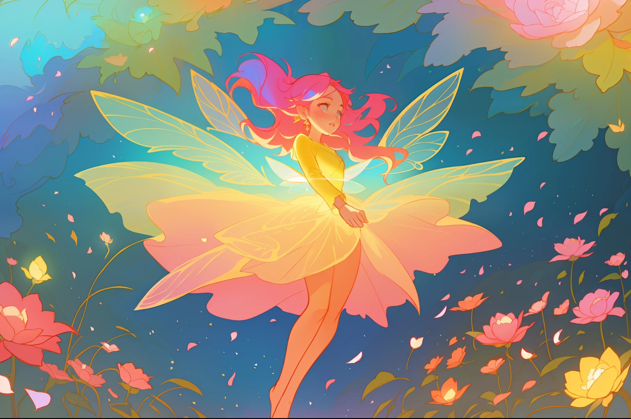 beautiful girl in flowing layered puff long sleeve ballgown, flower fairy in a dress made of flower petals, flowers and colorful plants, inspired by Glen Keane, inspired by Lois van Baarle, disney art style, by Lois van Baarle, glowing aura around her, by Glen Keane, jen bartel, glowing lights! digital painting, flowing glowing hair, glowing flowing hair, beautiful digital illustration, fantasia otherworldly landscape plants flowers, beautiful, masterpiece, best quality, anime disney style, (sharp focus), intricate detail, fine detail, perfection, golden ratio, (fairy wings)