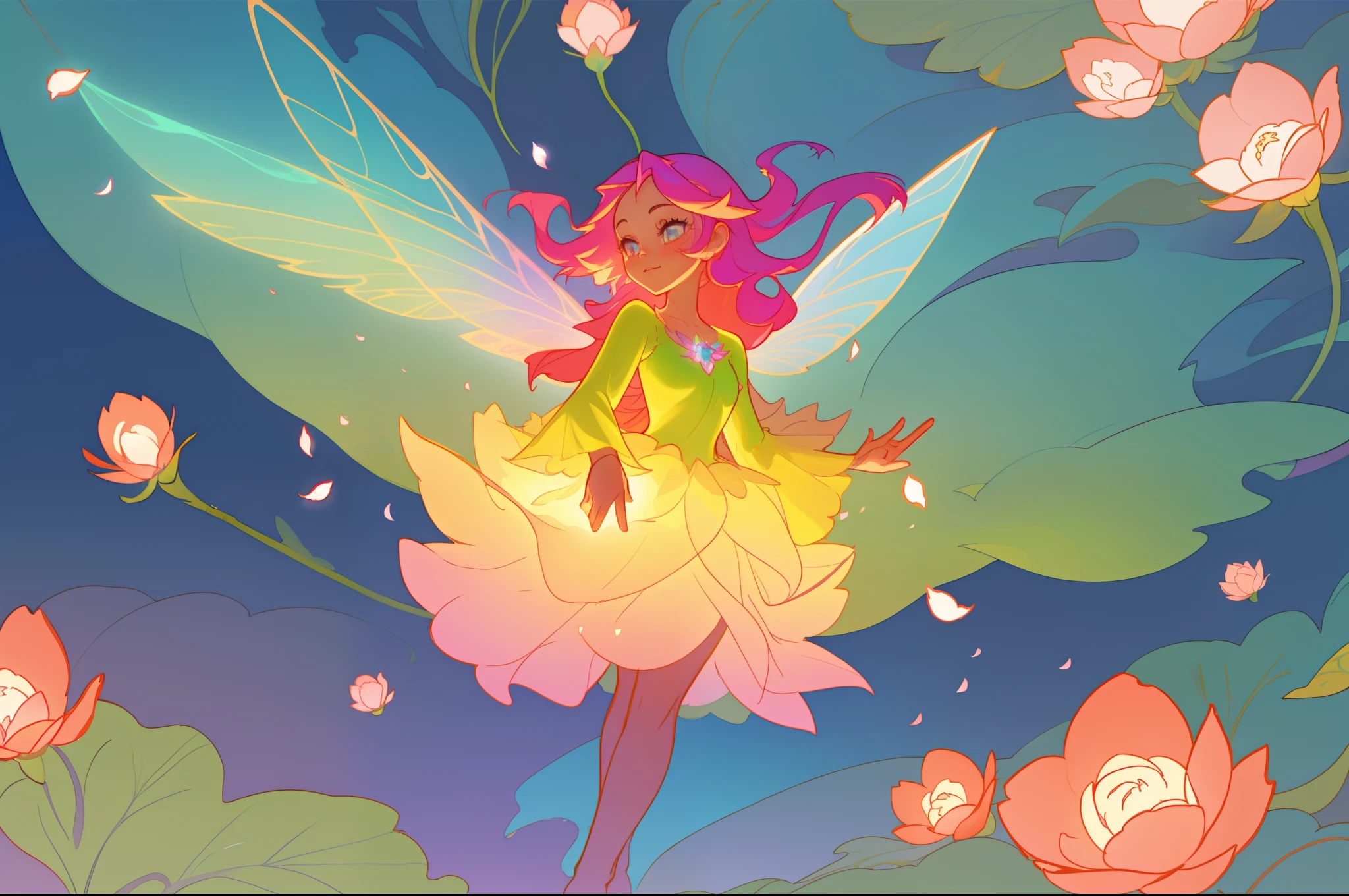 beautiful girl in flowing layered puff long sleeve ballgown, flower fairy in a dress made of flower petals, flowers and colorful plants, inspired by Glen Keane, inspired by Lois van Baarle, disney art style, by Lois van Baarle, glowing aura around her, by Glen Keane, jen bartel, glowing lights! digital painting, flowing glowing hair, glowing flowing hair, beautiful digital illustration, fantasia otherworldly landscape plants flowers, beautiful, masterpiece, best quality, anime disney style, (sharp focus), intricate detail, fine detail, perfection, golden ratio, (fairy wings)