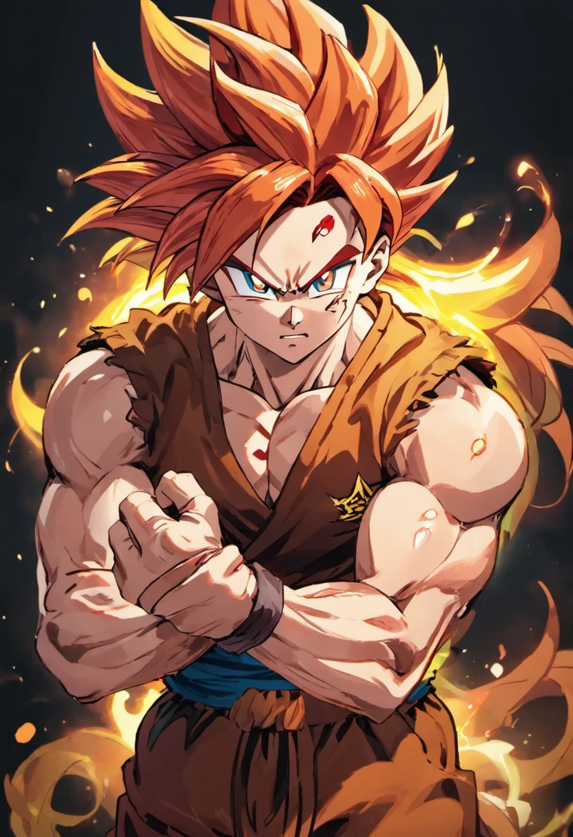 Gogeta Super Saiyan, red hair, Transformation Arms Crossed, battlefield, 8k uhd, gold