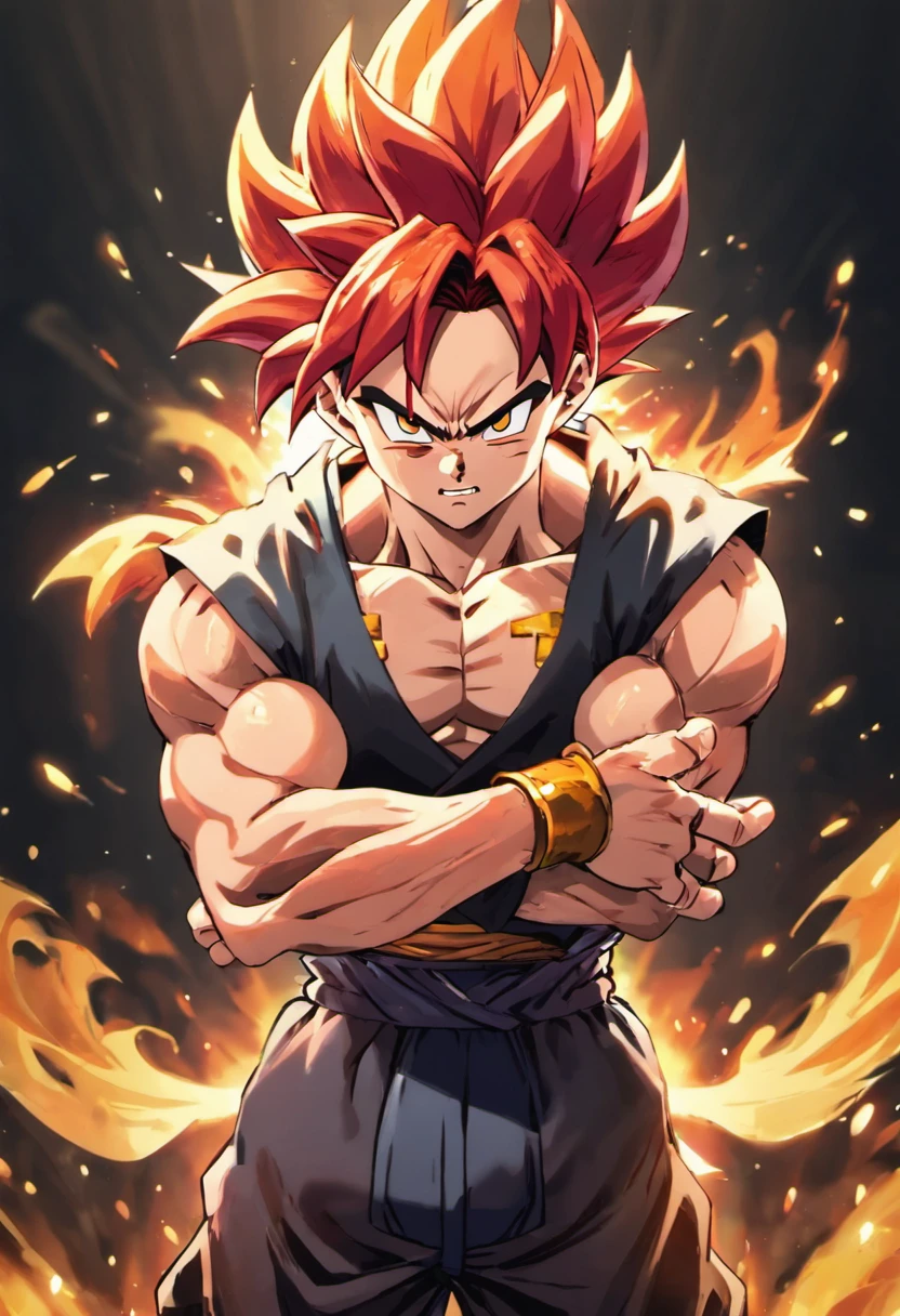 Gogeta Super Saiyan, red hair, Transformation Arms Crossed, battlefield, 8k uhd, gold