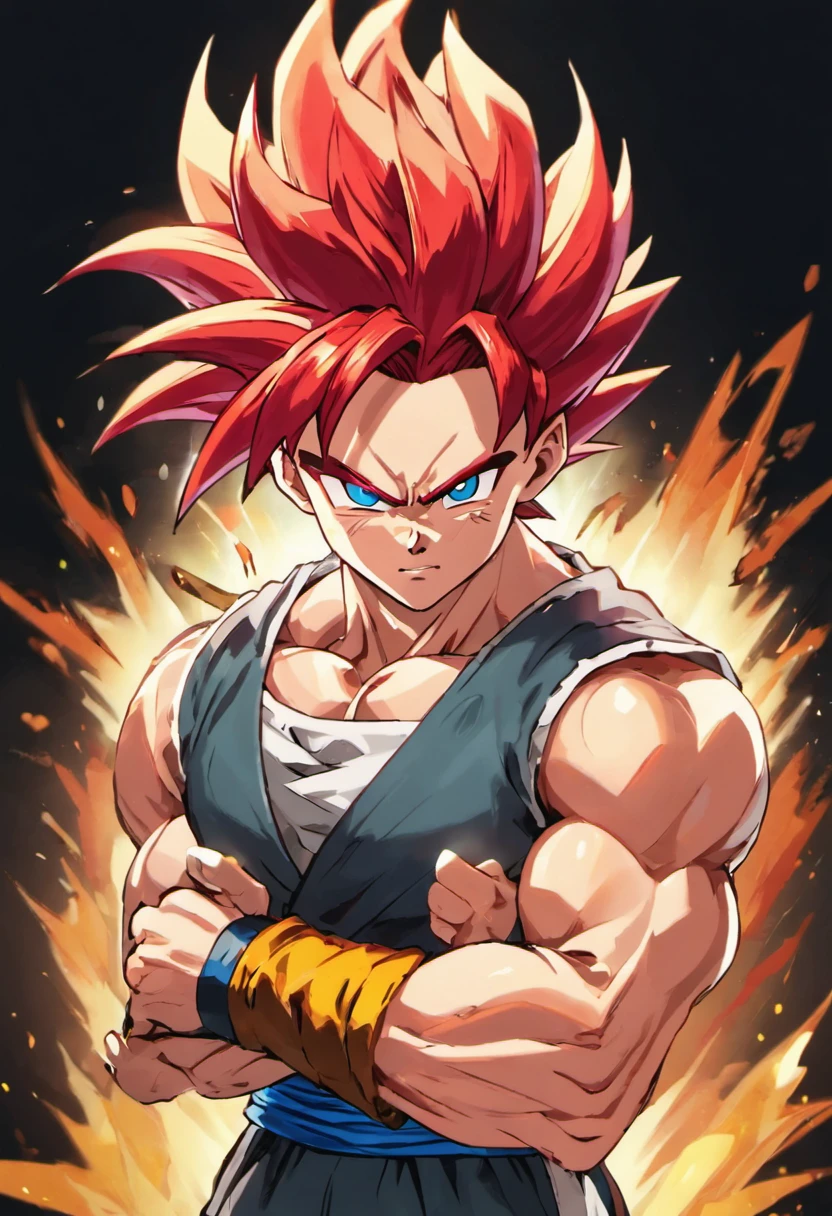 Gogeta Super Saiyan, red hair, Transformation Arms Crossed, battlefield, 8k uhd, gold