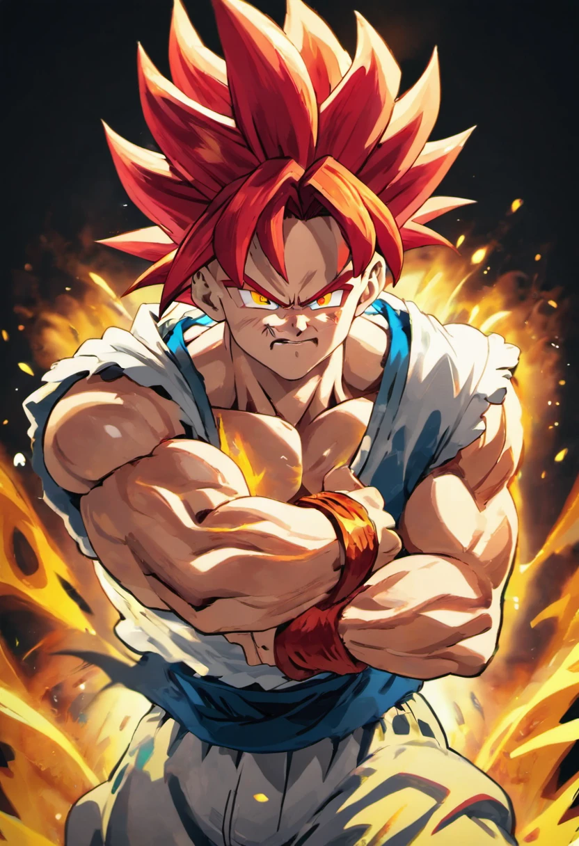 Gogeta Super Saiyan, red hair, Transformation Arms Crossed, battlefield, 8k uhd, gold