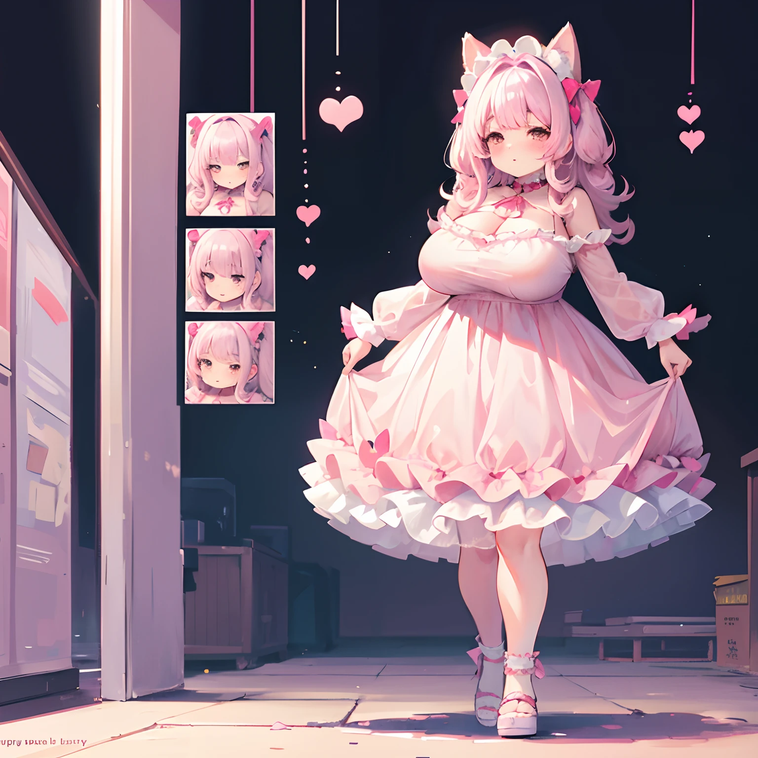 Pudgy age girl, chubby, pudgy girl, chubby girl, pink and white hair, brown eyes, frilly dress, cute dress, sexy dress, big breasts, cute girl, fluffy hair, cute hair, full body, puppy ears, puppy tail, puppy girl, astral background, cute background, pink hearts