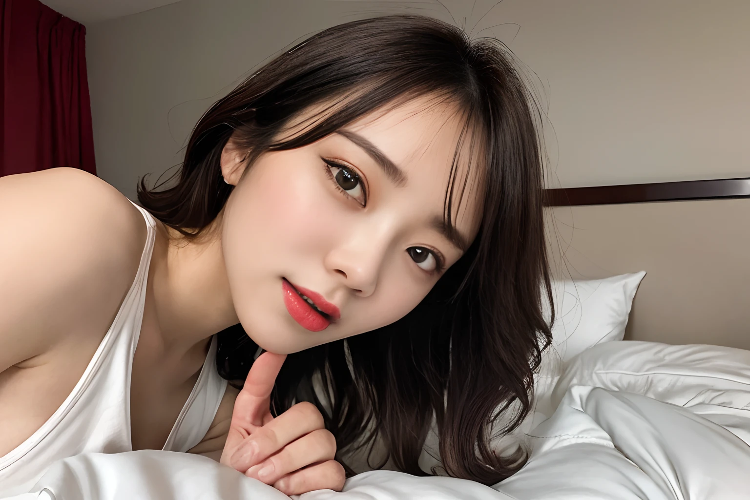 1girl in、shinny skin、Dignified、(closing eye、closed eye、Red cheeks)、boredom、Silvery hair、Short ponytail、ample breasts、Detailed details、Beautuful Women、Slender body、Emphasizes the lines of the body、Bare surface、Very transparent、white shirt、a bed、relax、beautiful foot、Footboard beauty、lying back on、Lie down、Burning Body、White panties、Twisting the body