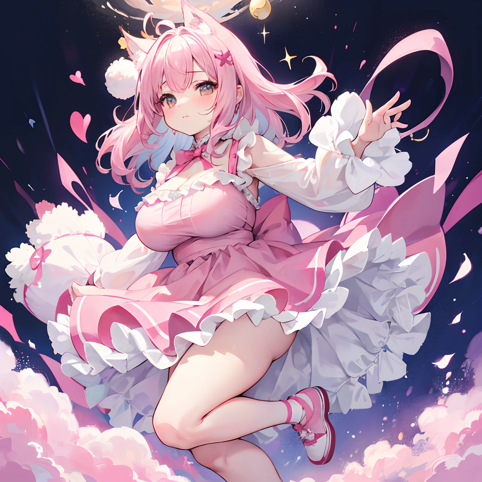 (Chibi:1.15),girl,blush,(swirly hair:1.35),(Fluffy short hair:1.2),(chef's long hat:1.3),(A big smile:1.35),(pink heart-like eyes:1.3),(smiling with open mouth:1.25),(A fantasy atmosphere with kitchen utensils such as ladles and frying pans flying around.:1.25),(naked apron:1.4),(Cute pose with hand on side of face:1.3),(Burikko:1.3),(close up of face:1.35),(Brightness:1.35),(Gentle sunlight:1.25),(Steam charging:1.25),(Nude body covered in white cream:1.3),(Cute stuffed animals and sweets are flying around:1.3),(Colorful and cute POP atmosphere:1.2),(big breasts),(outdoor kitchen:1.4),(valley:1.4),(NSFW:1.3),(Squat with legs spread on the kitchen table:1.35),(perspective from below:1.4)