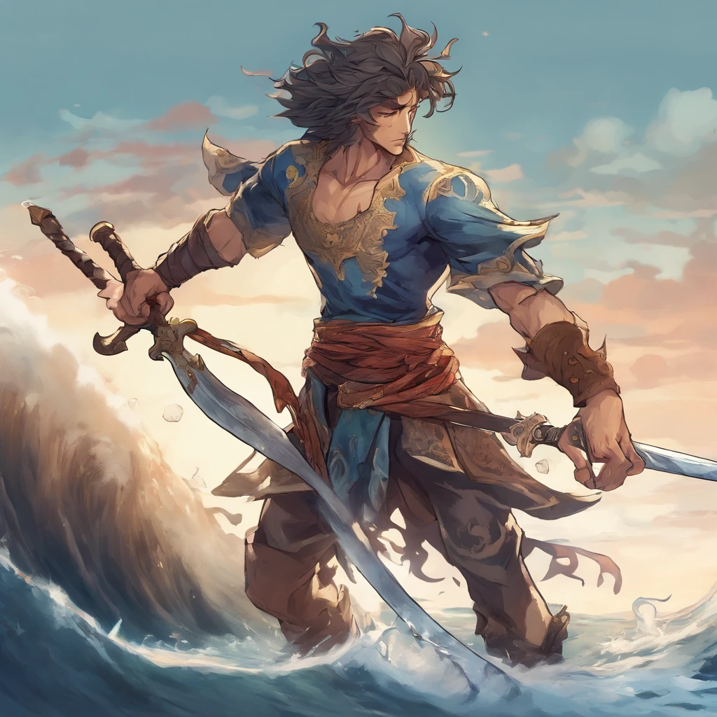 estilo anime, triton, cabelos cinza, mecha preta no cabelo, holding sword with right hand, stretching out his left hand, open left hand sea, pele levemente azulada, guelras, agua