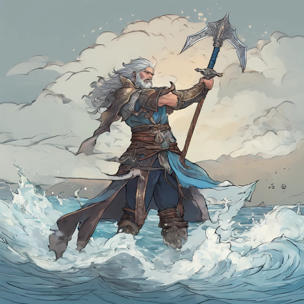estilo anime, triton, cabelos cinza, mecha preta no cabelo, holding sword with right hand, stretching out his left hand, open left hand sea, pele levemente azulada, guelras, agua