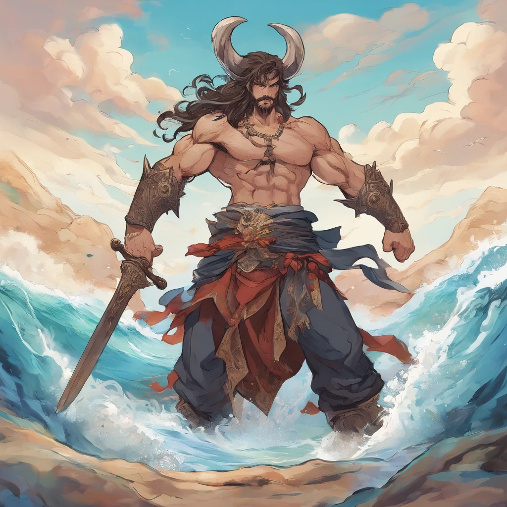 a cartoon anime samoan man with long hair and horns and facial piercings and lots of ethnic tattoos standing on a rock in the middle of the sea with his giant cock exposed as he wields a mace and smiles. <lora:HugeAnimeCocks:1>, good