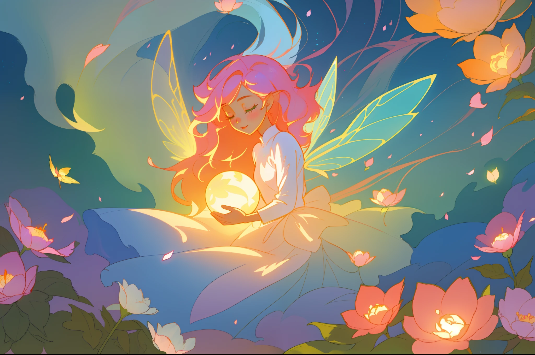 beautiful girl in flowing layered puff long sleeve ballgown, flower fairy in a dress made of flower petals, flowers and colorful plants, inspired by Glen Keane, inspired by Lois van Baarle, disney art style, by Lois van Baarle, glowing aura around her, by Glen Keane, jen bartel, glowing lights! digital painting, flowing glowing hair, glowing flowing hair, beautiful digital illustration, fantasia otherworldly landscape plants flowers, beautiful, masterpiece, best quality, anime disney style, (sharp focus), intricate detail, fine detail, perfection, golden ratio, (fairy wings)