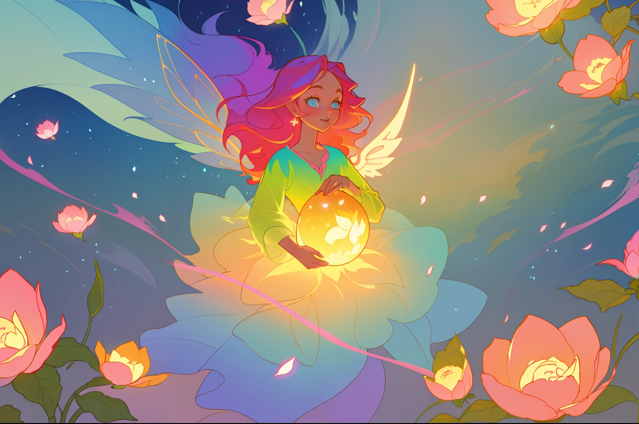 beautiful girl in flowing layered puff long sleeve ballgown, flower fairy in a dress made of flower petals, flowers and colorful plants, inspired by Glen Keane, inspired by Lois van Baarle, disney art style, by Lois van Baarle, glowing aura around her, by Glen Keane, jen bartel, glowing lights! digital painting, flowing glowing hair, glowing flowing hair, beautiful digital illustration, fantasia otherworldly landscape plants flowers, beautiful, masterpiece, best quality, anime disney style, (sharp focus), intricate detail, fine detail, perfection, golden ratio, (fairy wings)