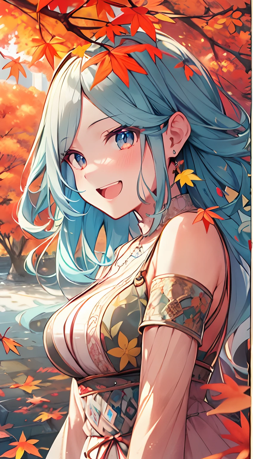 masutepiece, Best Quality,Illustration, Wallpaper, ultra -detail, Absurd beauty, 1beautiful girl、Bright hair color、Glitter and big eyes、Hair fluttering in the wind、ample breasts、♡、Smaller head、Autumn landscape、miscievous smile