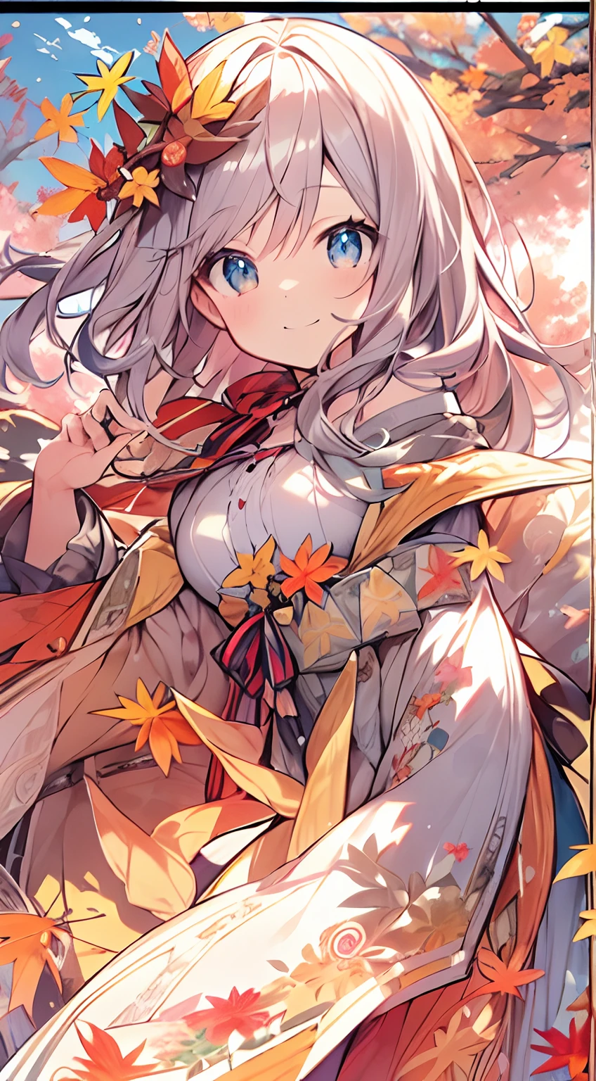 masutepiece, Best Quality,Illustration, Wallpaper, ultra -detail, Absurd beauty, 1beautiful girl、Bright hair color、Glitter and big eyes、Hair fluttering in the wind、ample breasts、♡、Smaller head、Autumn landscape、miscievous smile