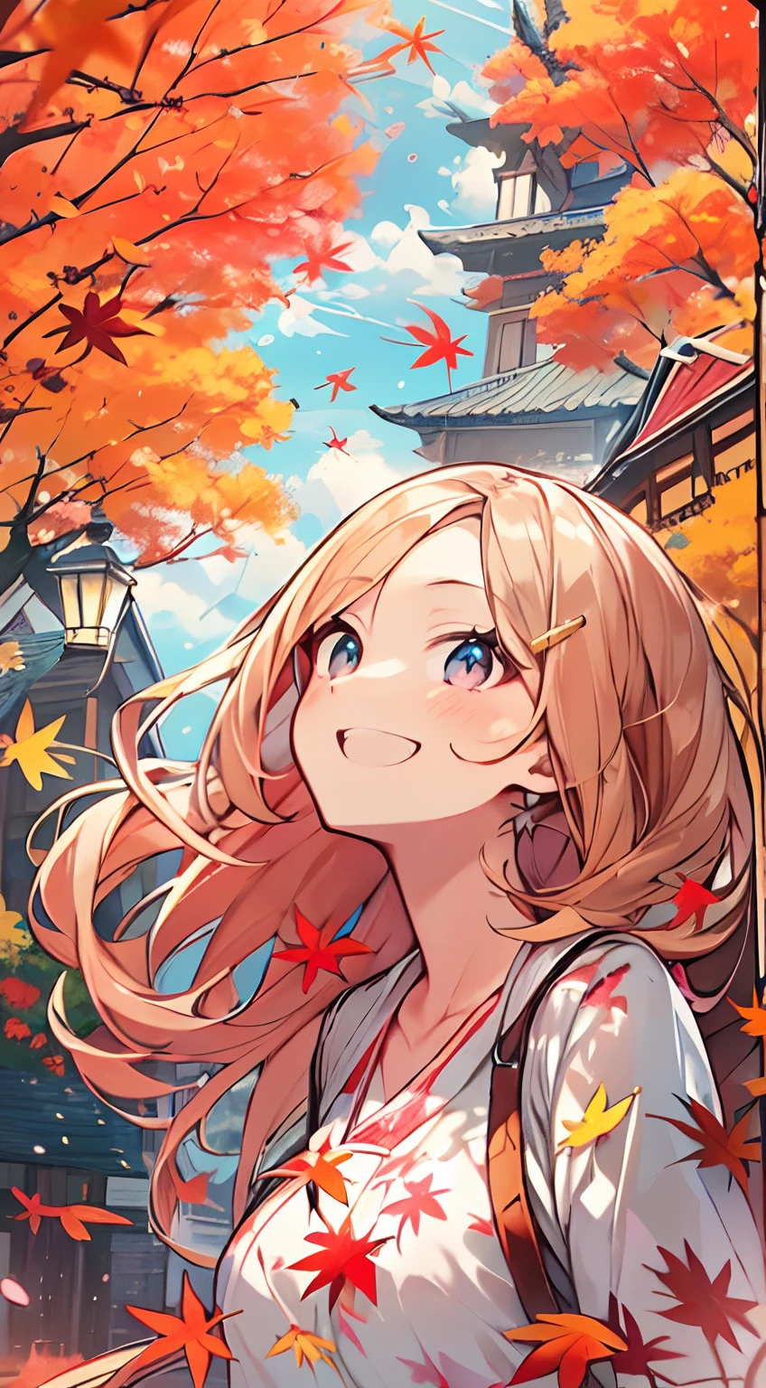 masutepiece, Best Quality,Illustration, Wallpaper, ultra -detail, Absurd beauty, 1beautiful girl、Bright hair color、Glitter and big eyes、Hair fluttering in the wind、ample breasts、♡、Smaller head、Autumn landscape、miscievous smile