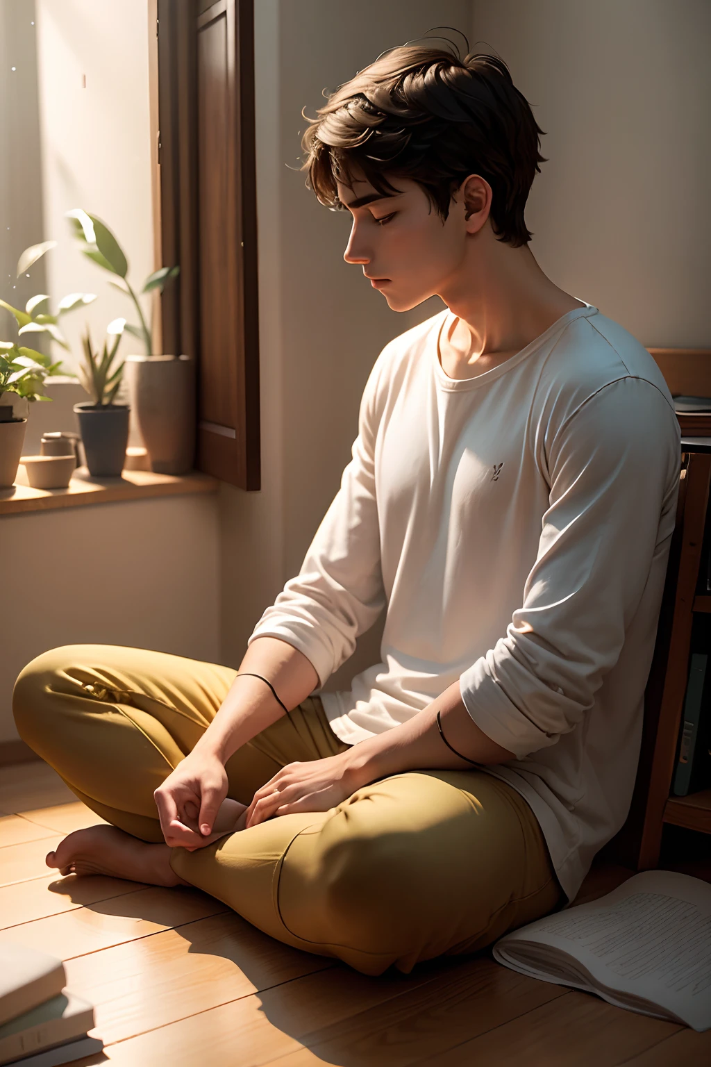 Joven meditando en su cuarto antes de ir a la universidad.