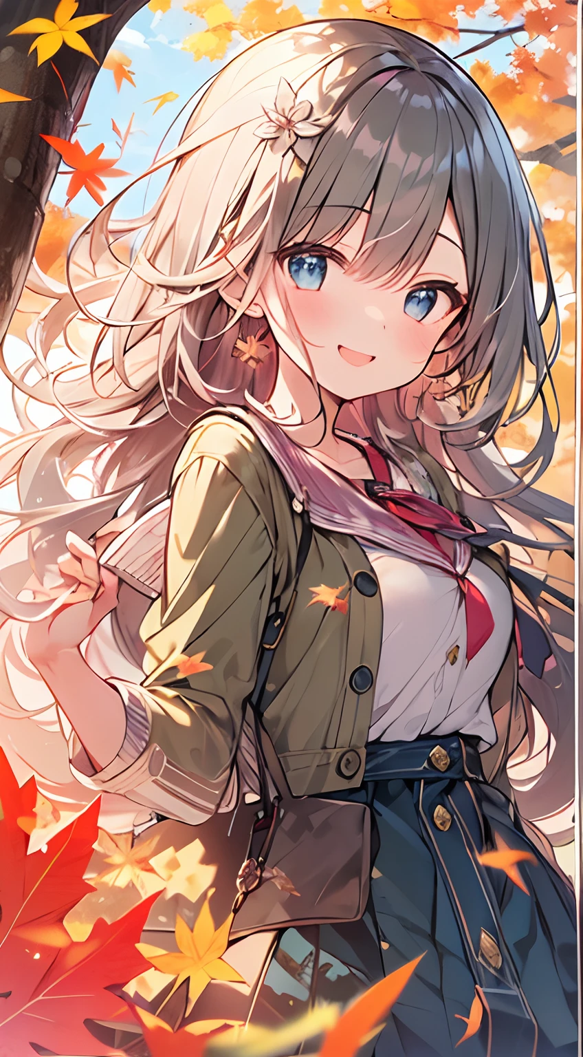 masutepiece, Best Quality,Illustration, Wallpaper, ultra -detail, Absurd beauty, 1beautiful girl、Bright hair color、Glitter and big eyes、Hair fluttering in the wind、ample breasts、♡、Smaller head、Autumn landscape、miscievous smile