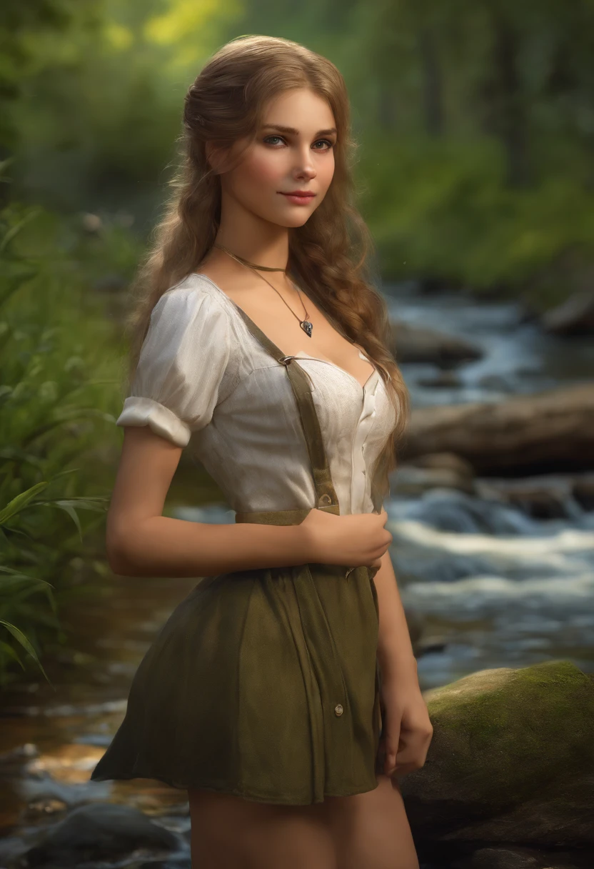 1girl, Glade by the stream, Razvratnaya pose, body complet, girl girl, beautiful breasts, Lady debauchery, pigtails (Revealing clothes:1.3), portraite of a, Best Quality, extra high resolution, Maximum realism, tmasterpiece