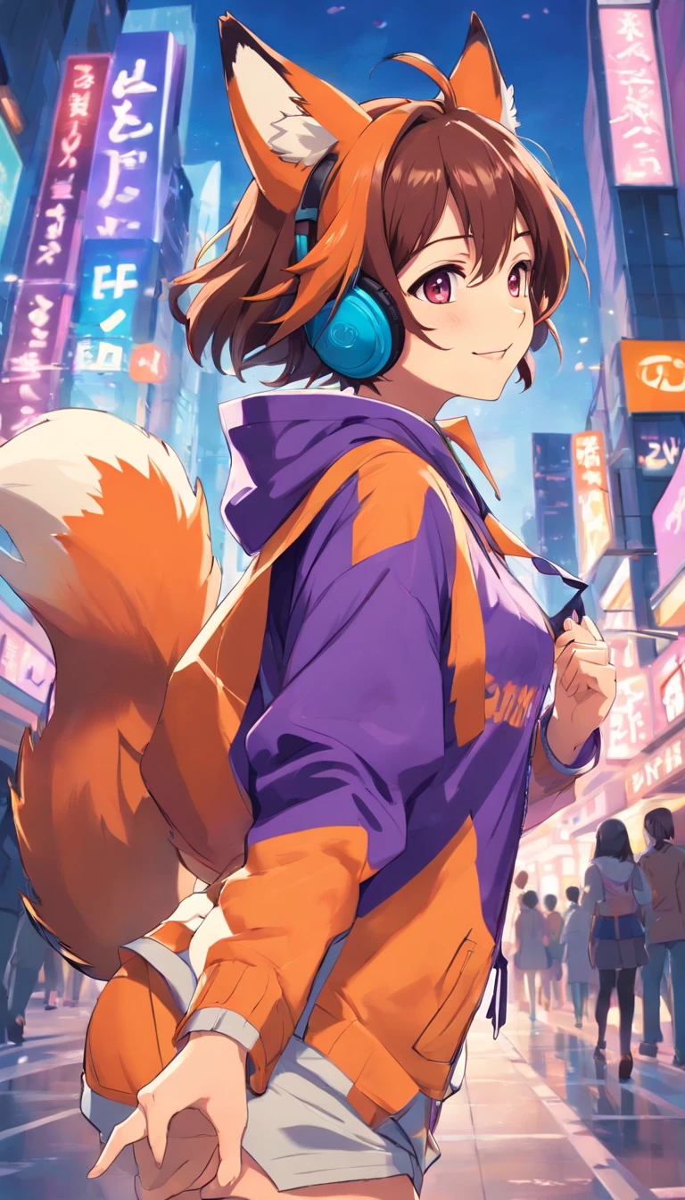 Suzumiya Haruhi's contagious delight, with her adorable fox ears, gamer headphones, a wide, cheerful grin, and her stylish orange and purple clothing. 8k, UHD