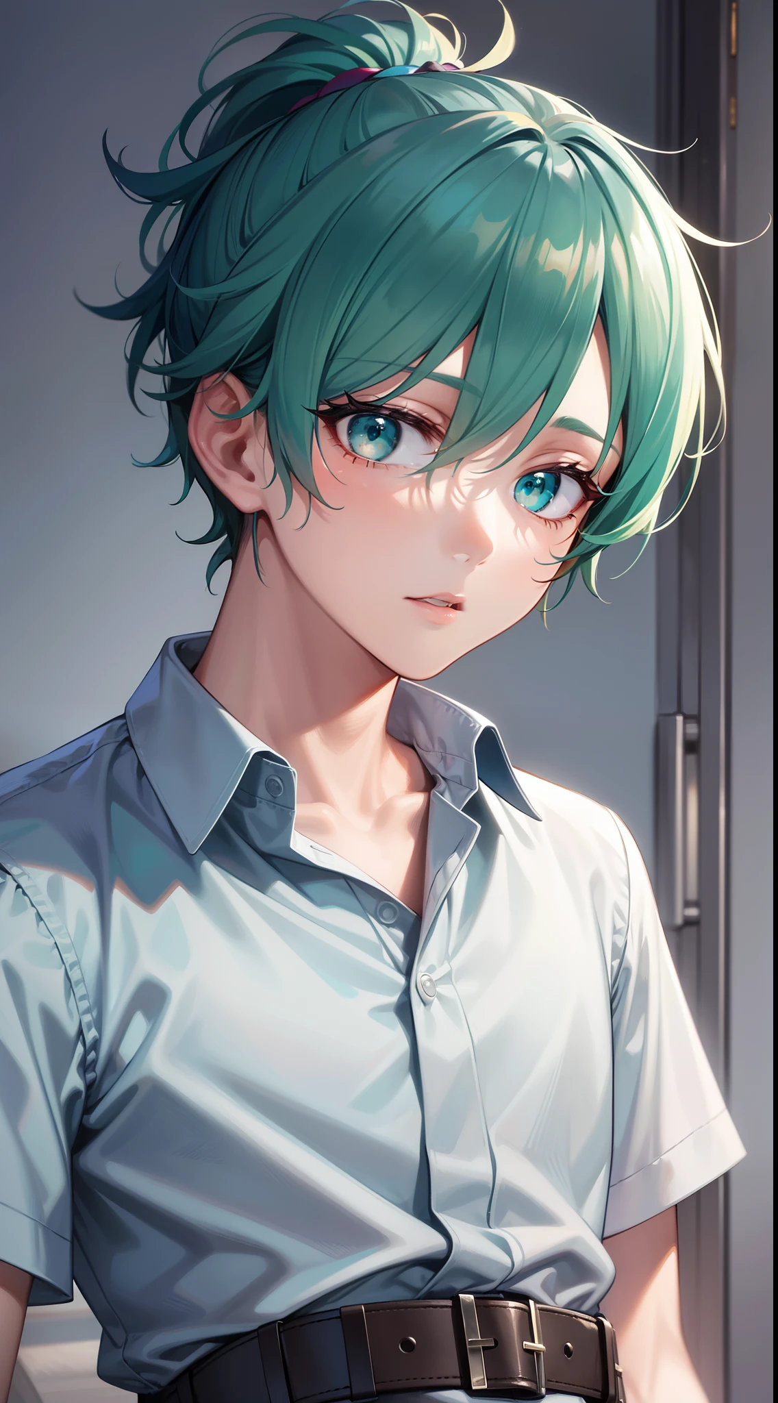 young boy, short turquoise hair, high ponytail, Green eyes, White beautiful shirt, pants, brushes, Masterpiece, hiquality, 4k, HD, Good detail