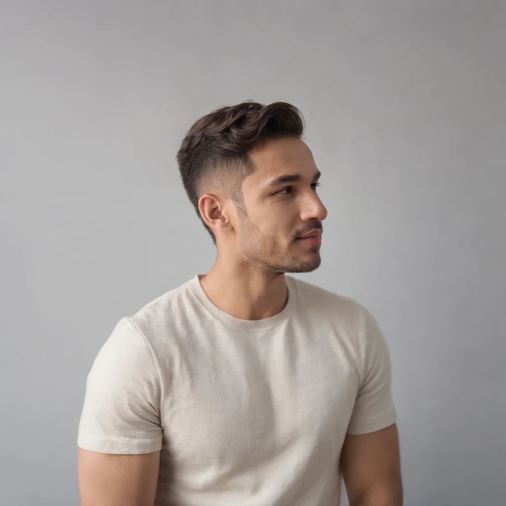 (photo: 1.3) af (realism: 1.3), (Hispanic), Latino man profile, (frontal close-up), soft light, clear face, happy, cheerful, warm light, white T-shirt, (off-white background), (blank background), ((gray wall background)) avatar, (short hair), smile, handsome, young,, short hair, smile, (close-up)