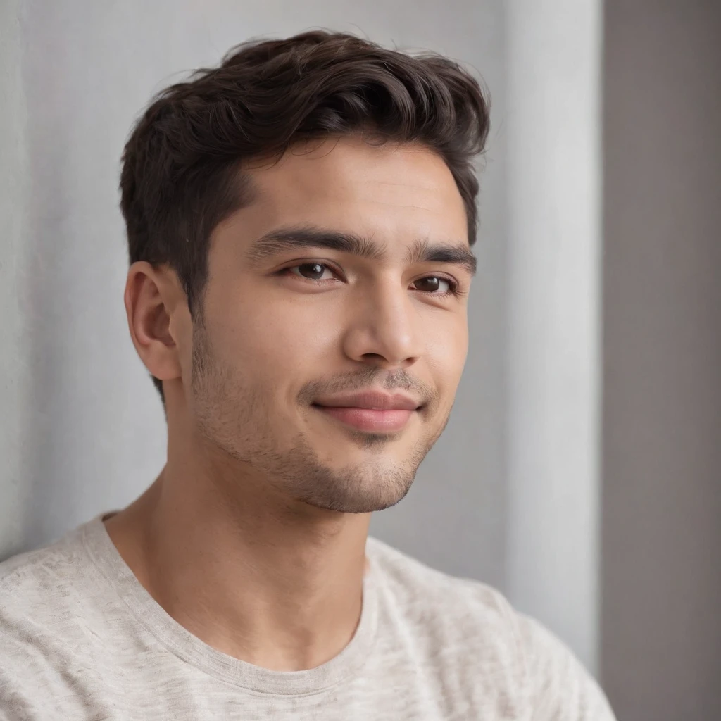 (photo: 1.3) af (realism: 1.3), (Hispanic), Latino man profile, (frontal close-up), soft light, clear face, happy, cheerful, warm light, white T-shirt, (off-white background), (blank background), ((gray wall background)) avatar, (short hair), smile, handsome, young,, short hair, smile, (close-up)