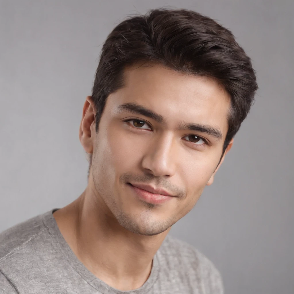 (photo: 1.3) af (realism: 1.3), (Hispanic), Latino man profile, (frontal close-up), soft light, clear face, happy, cheerful, warm light, white T-shirt, (off-white background), (blank background), ((gray wall background)) avatar, (short hair), smile, handsome, young,, short hair, smile, (close-up)